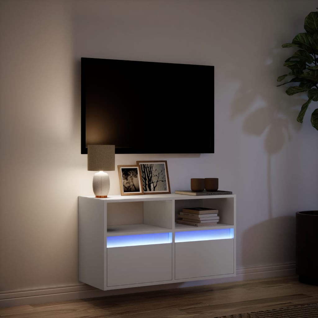 fehér falra szerelhető TV-szekrény LED-lámpákkal 80x31x45 cm