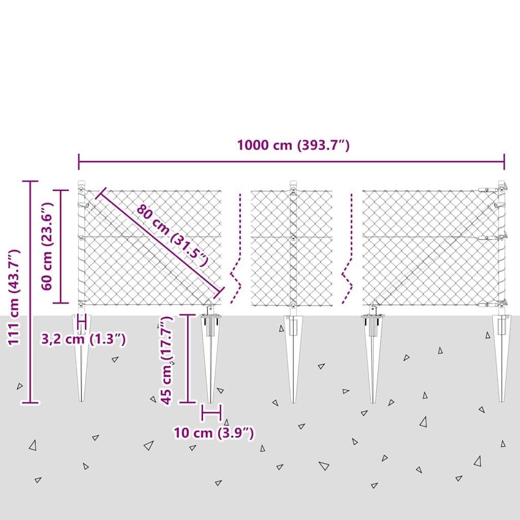 Lánckerítés oszlopokkal Ezüst 0,6 x 10 m Acél