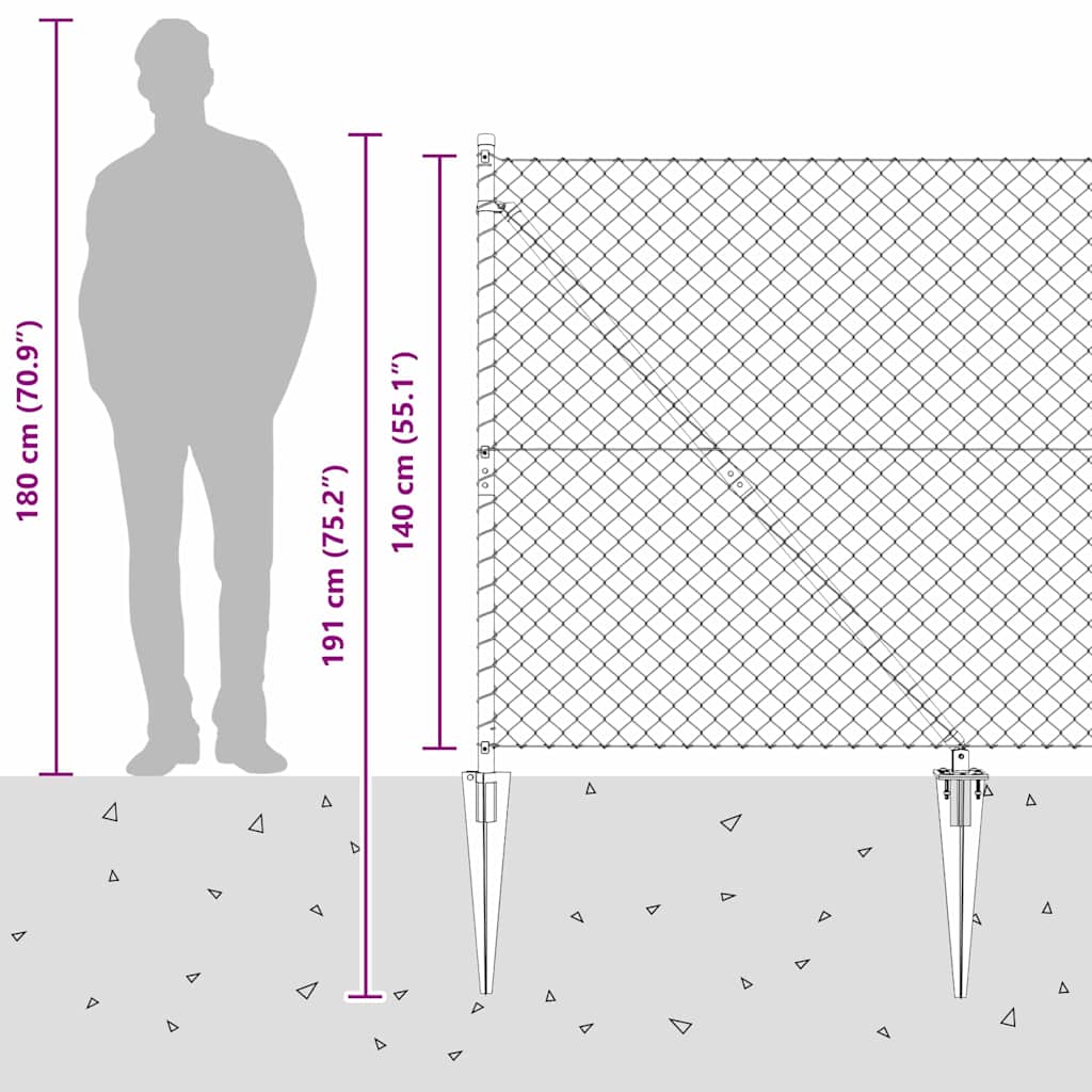 Lánckerítés oszlopokkal Ezüst 1.4 x 10 m Acél