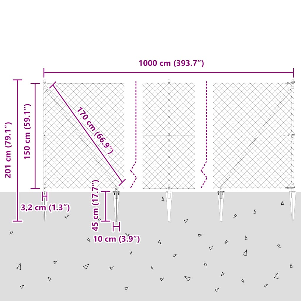 Lánckerítés oszlopokkal Ezüst 1.5 x 10 m Acél