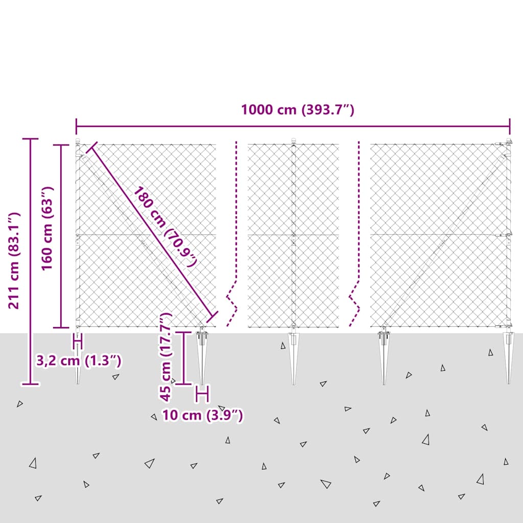 Lánckerítés oszlopokkal Ezüst 1.6 x 10 m Acél