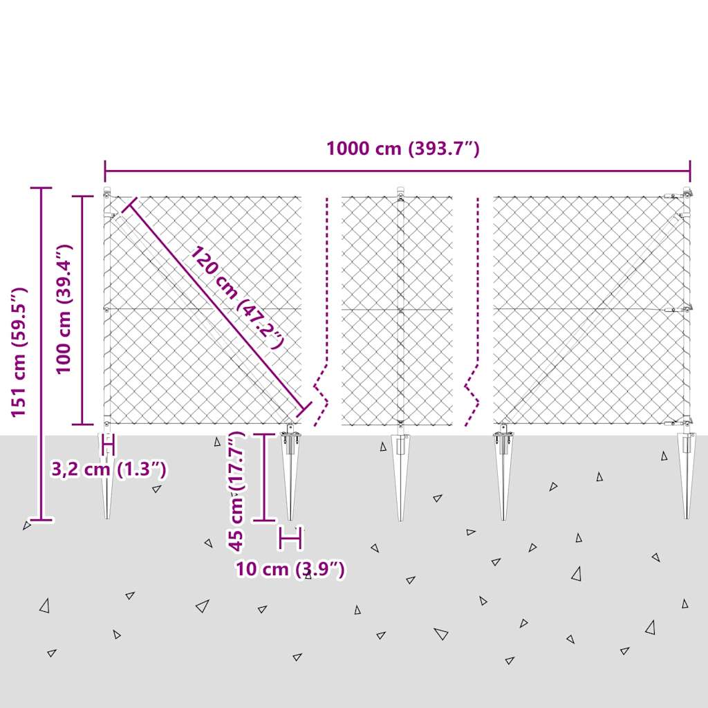 Lánckerítés oszlopokkal Ezüst 1 x 10 m Acél