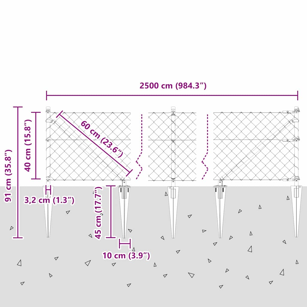 Lánckerítés oszlopokkal Ezüst 0,4 x 25 m Acél
