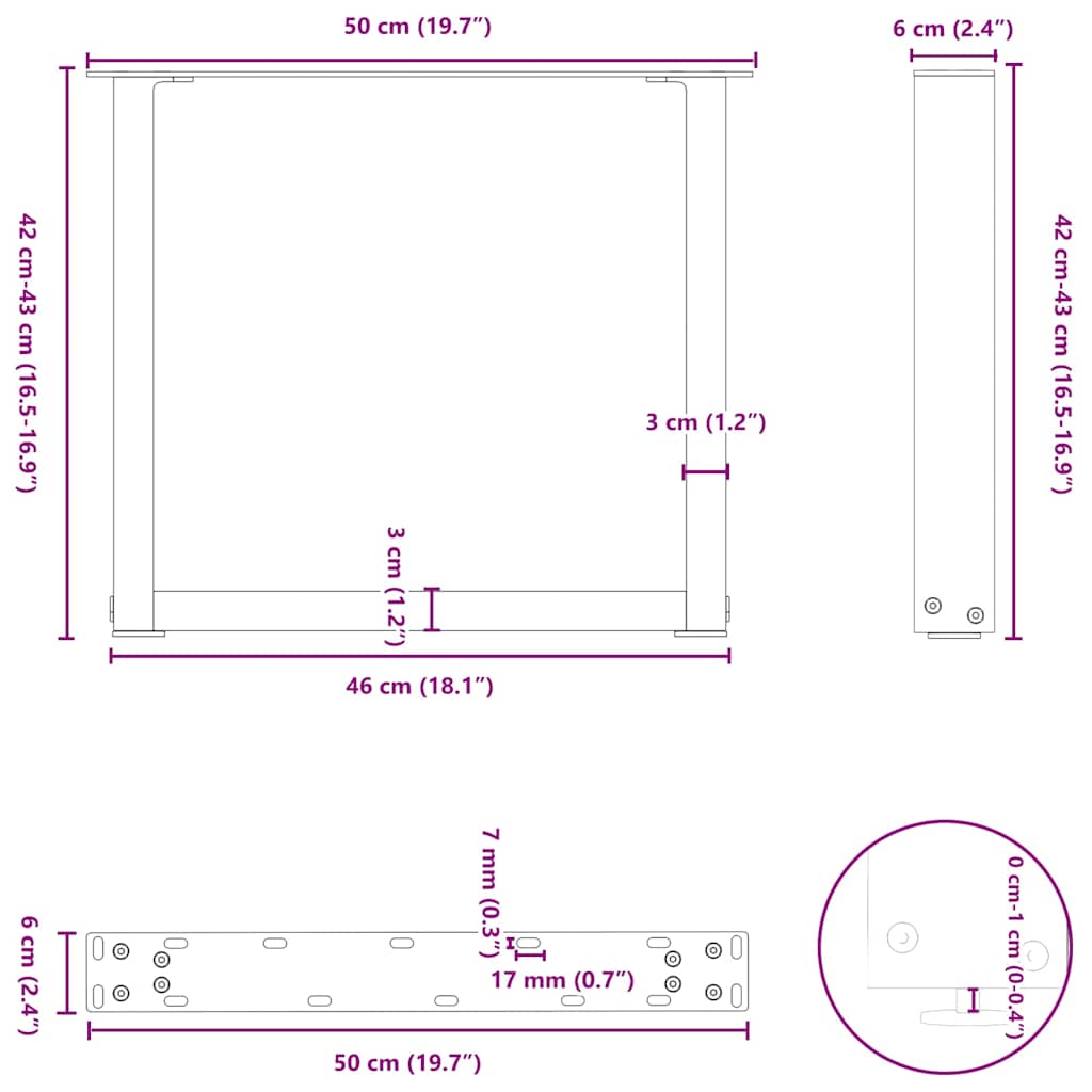 2 db U alakú dohányzóasztal láb fekete 50 x (42-43) cm acél dohányzóasztal láb
