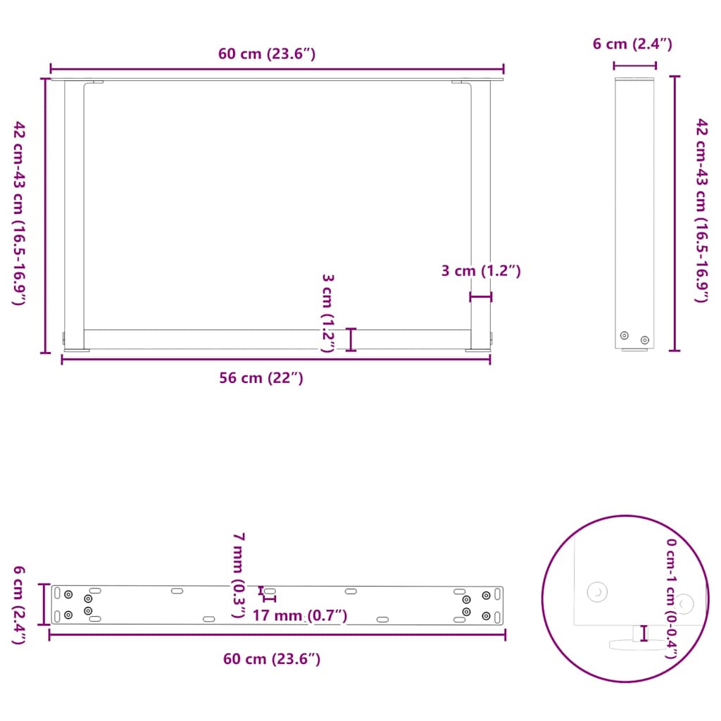 2 db U alakú dohányzóasztal láb fekete 60 x (42-43) cm acél dohányzóasztal láb
