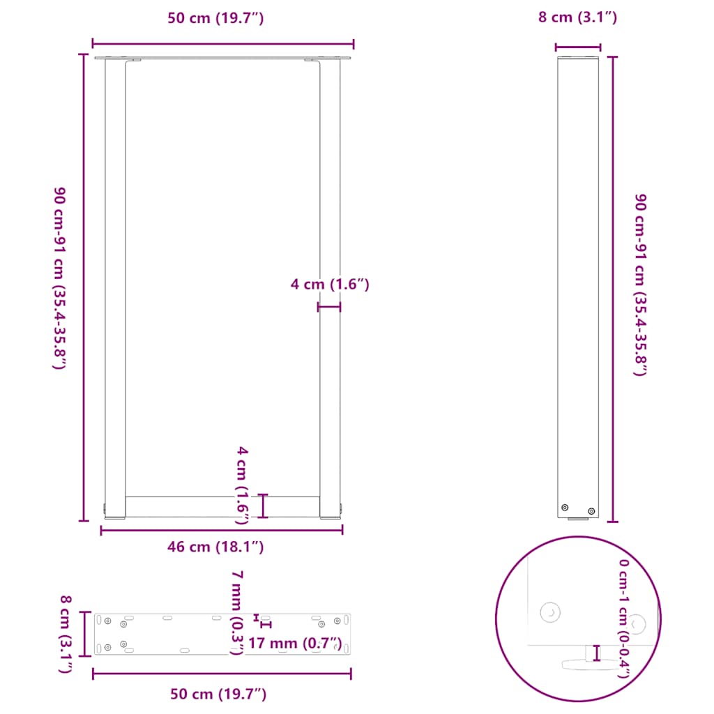 2 db fekete U-alakú acél bárasztalláb 50x(90-91) cm