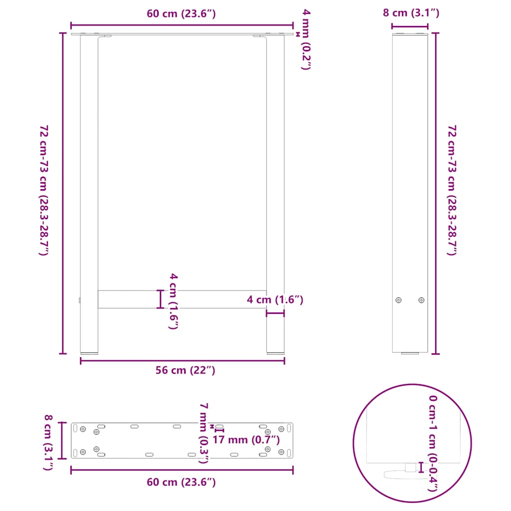 2 db fekete acél étkezőasztal láb 60 x (72-73) cm