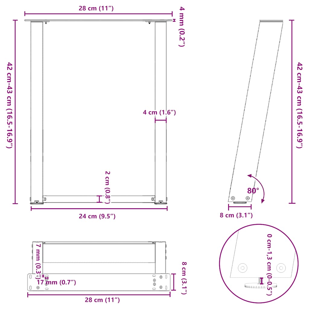 2 db U alakú dohányzóasztal láb fekete 28 x (42-43) cm acél dohányzóasztal láb