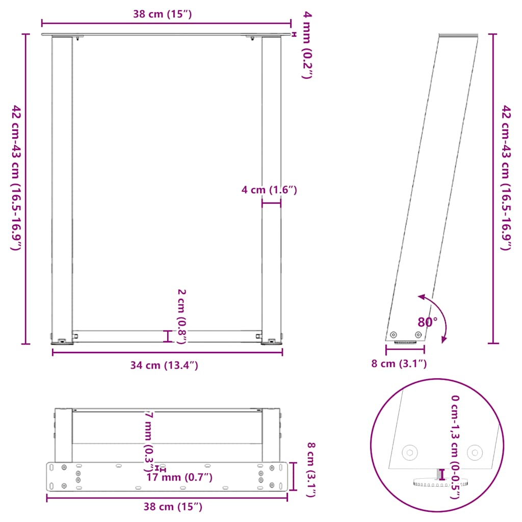 2 db fekete, U alakú acél dohányzóasztal láb 38x(42-43) cm