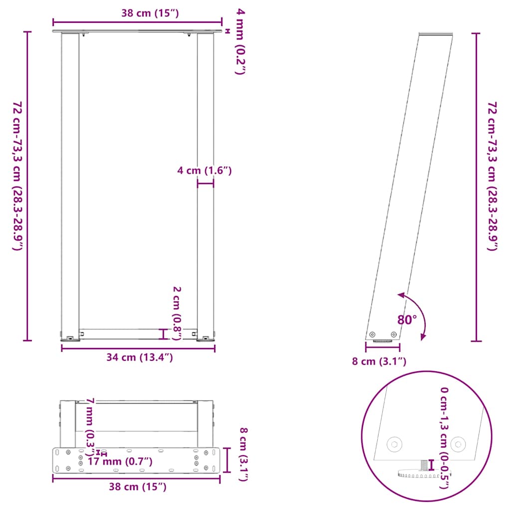 2 db antracitszürke U-alakú acél konzolasztal láb 38x(72-73) cm