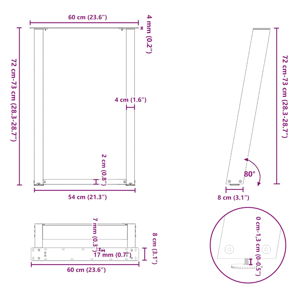 2 db U alakú étkezőasztal láb fekete 60 x (72-73) cm acél étkezőasztal láb