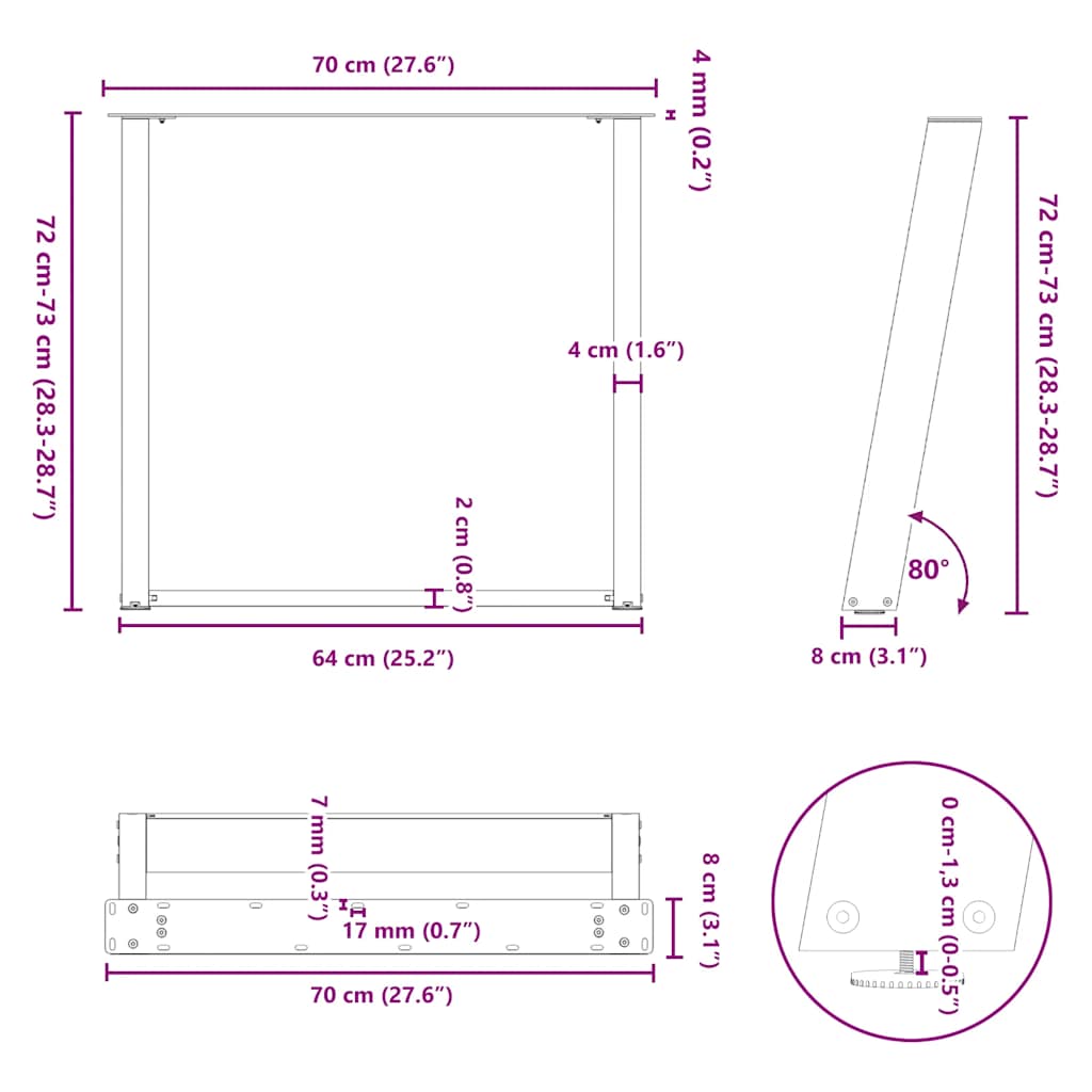 2 db U alakú étkezőasztal láb fekete, 70 x (72-73) cm acél