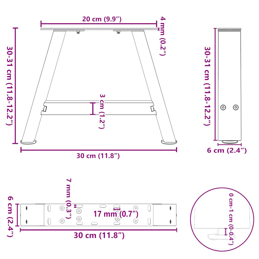2 db A-alakú fekete dohányzóasztal láb 30 x (30-31) cm acél