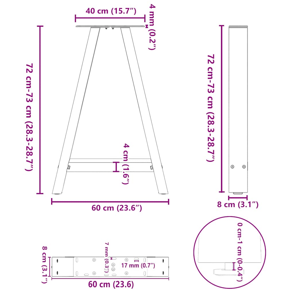 2 db A-alakú étkezőasztal láb fekete 60 x (72-73) cm acél étkezőasztal láb