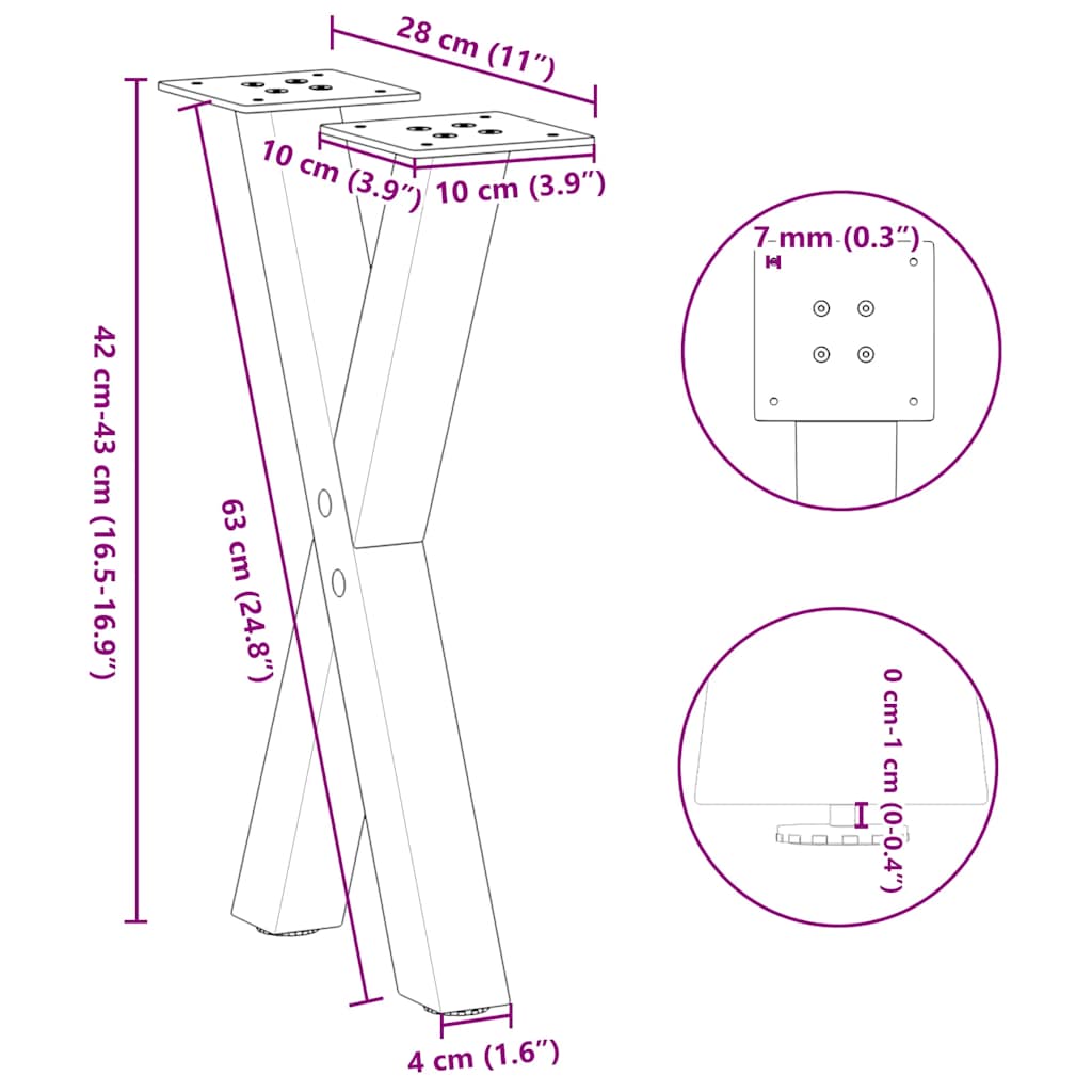 2 db fehér, X alakú acél dohányzóasztal láb 28 x (42-43) cm