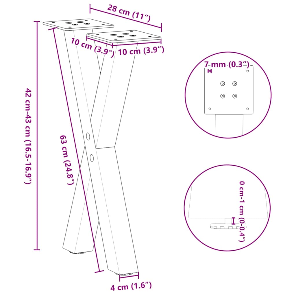 2 db X alakú natúr acél dohányzóasztal láb 28 x (42-43) cm