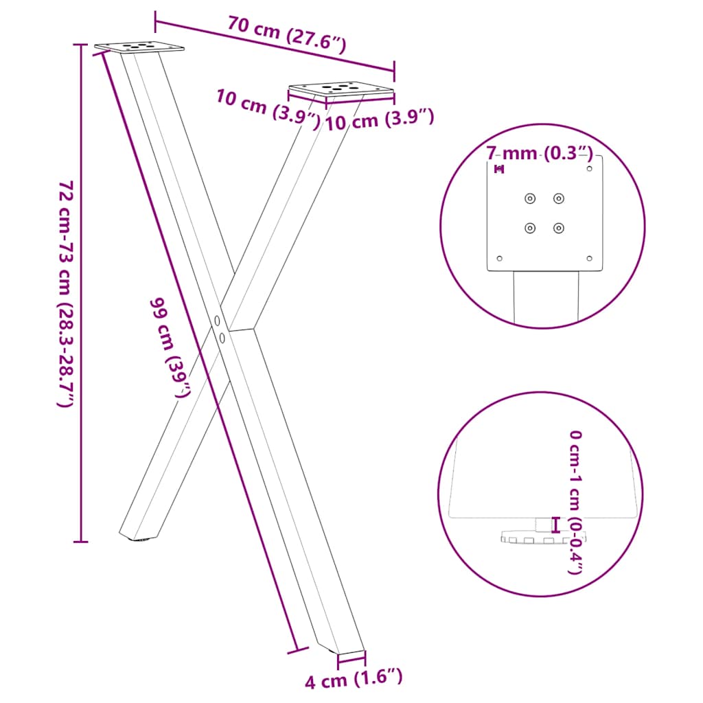2 db X alakú étkezőasztal láb fehér 70 x (72-73) cm acél étkezőasztal láb