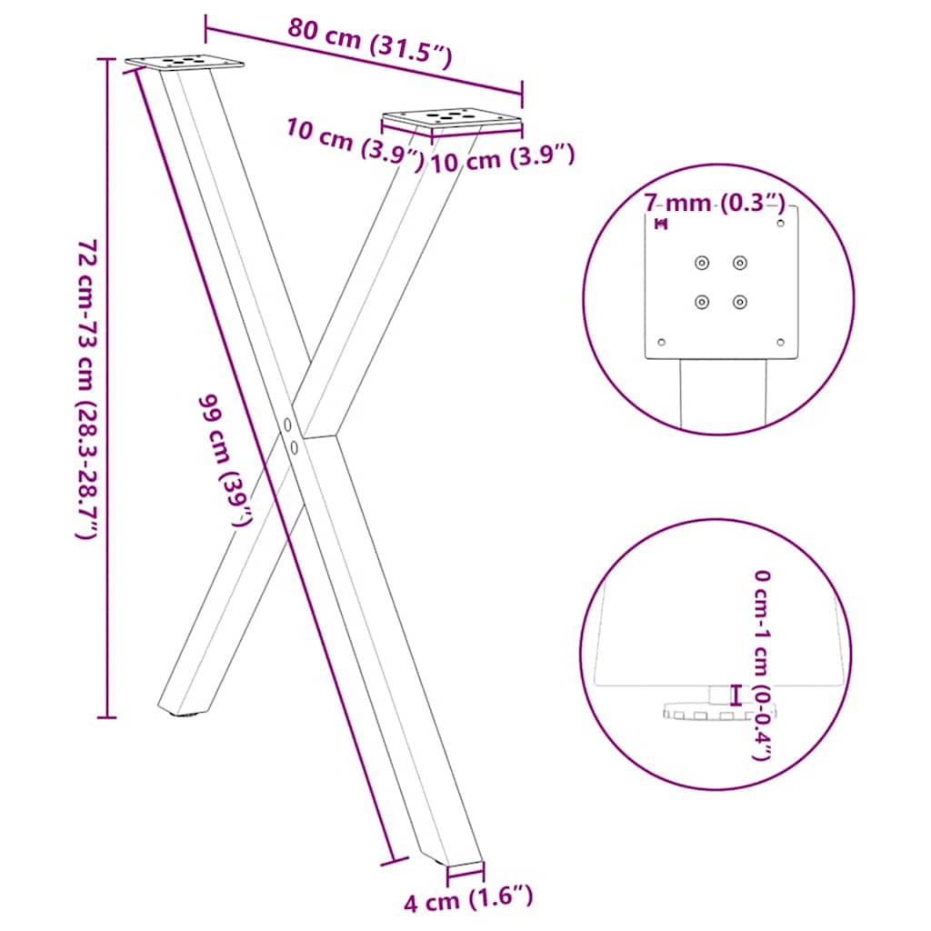 2 db X alakú étkezőasztal láb fehér 80 x (72-73) cm acél étkezőasztal láb