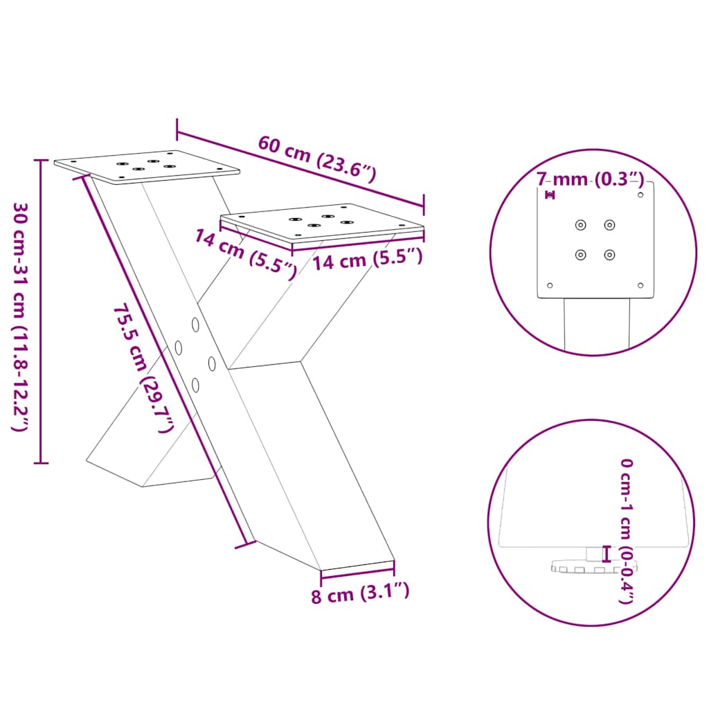 2 db antracitszürke X-alakú acél dohányzóasztal láb 60x(30-31) cm