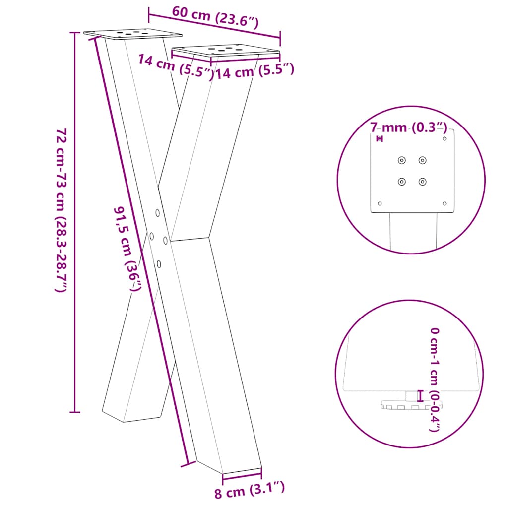 2 db X alakú étkezőasztal láb fekete acél 60 x (72-73) cm