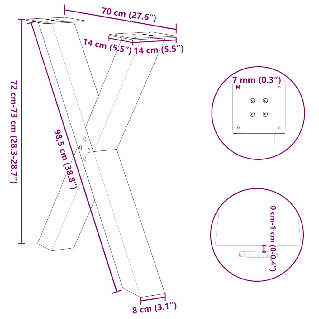 2 db X alakú étkezőasztal láb fehér 70 x (72-73) cm acél étkezőasztal láb