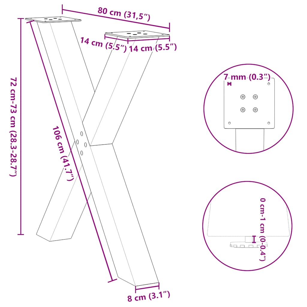 2 db X alakú étkezőasztal láb fehér 80 x (72-73) cm acél étkezőasztal láb