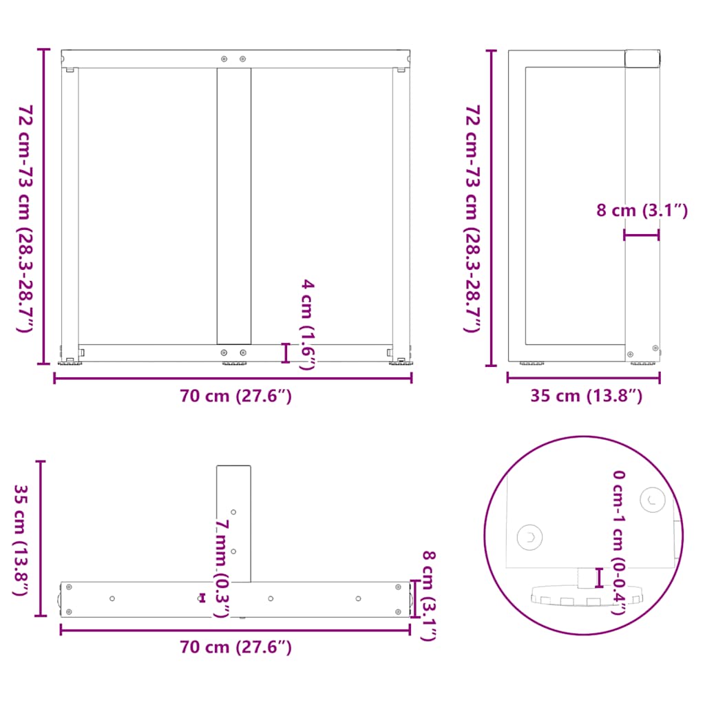 2 db fekete, T-alakú acél étkezőasztal láb 70x35x(72-73) cm