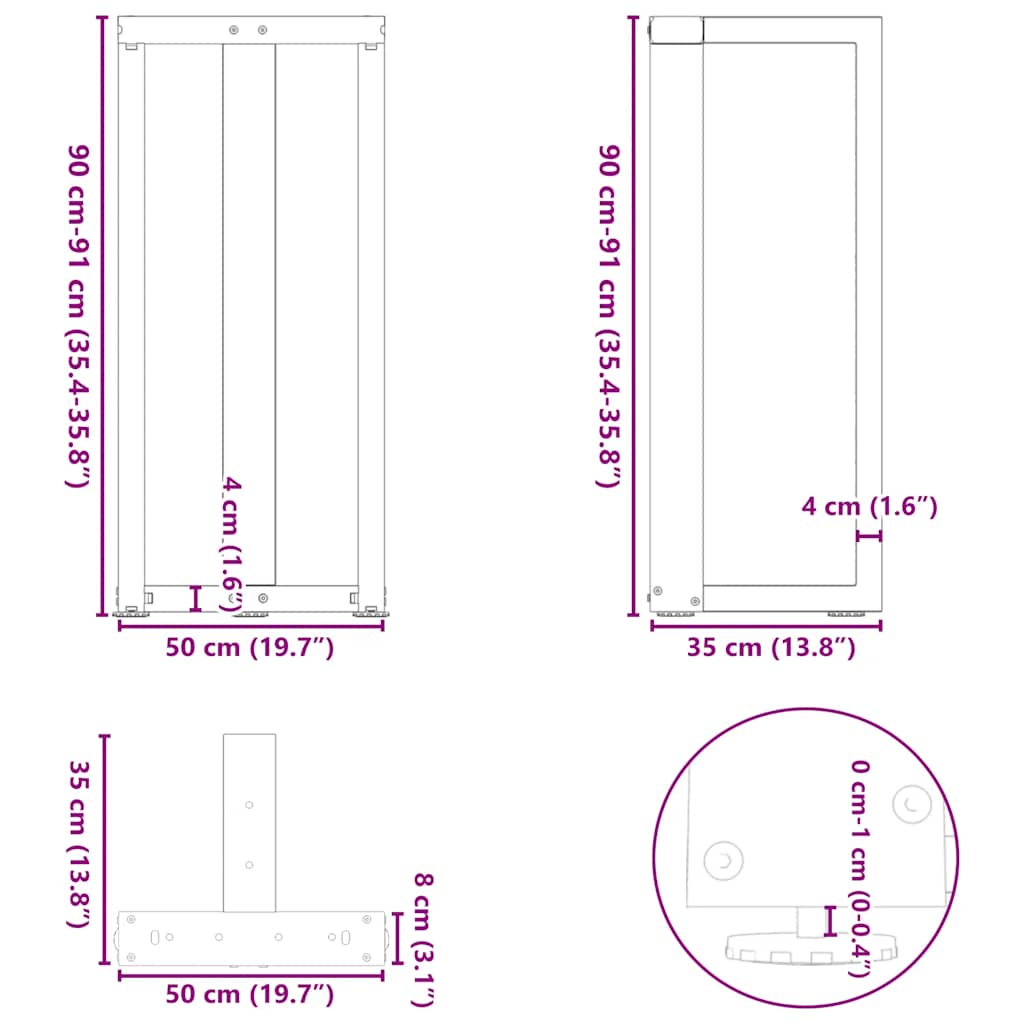 2 db fekete, T-alakú acél bárasztalláb 50x35x(90-91) cm