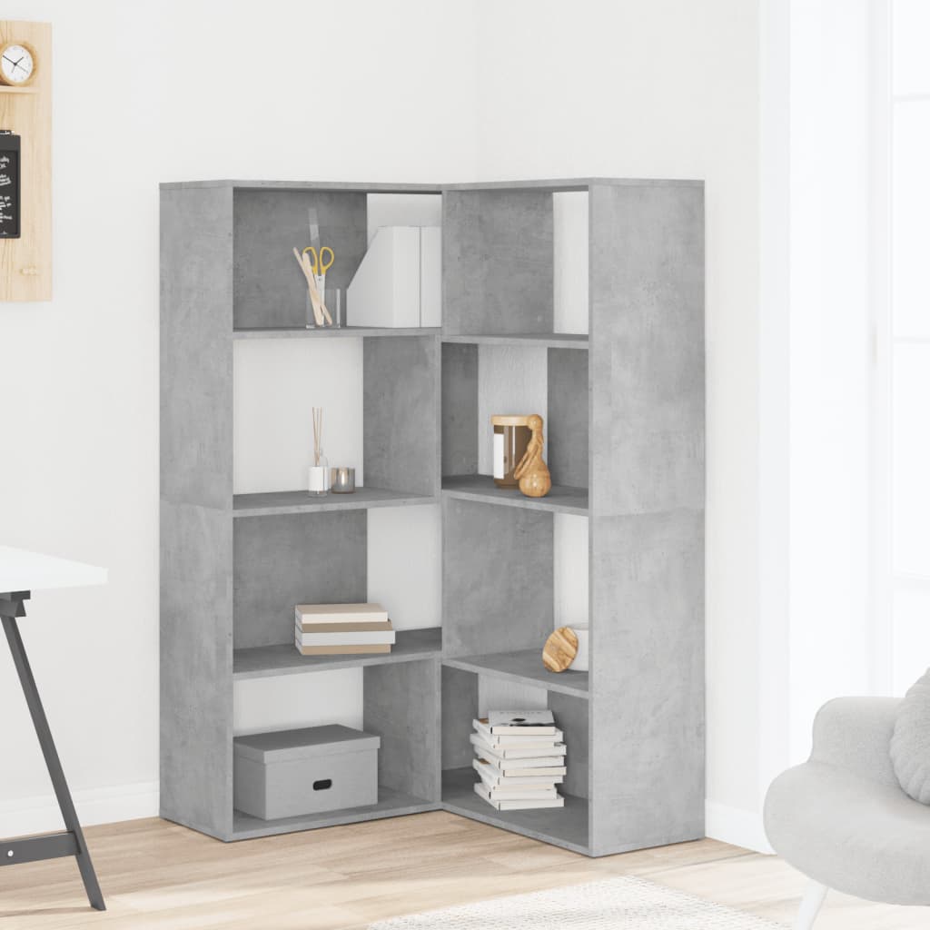 4 szintes betonszürke szerelt fa sarokkönyvespolc 85x85x140 cm