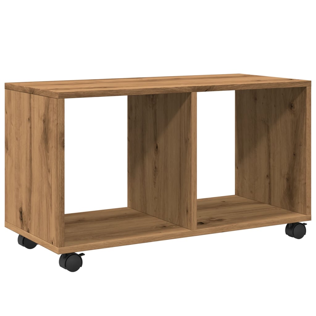 kézműves tölgy színű szerelt fa görgős szekrény 72x33x42,5 cm