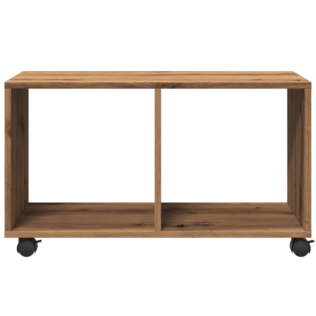 kézműves tölgy színű szerelt fa görgős szekrény 72x33x42,5 cm