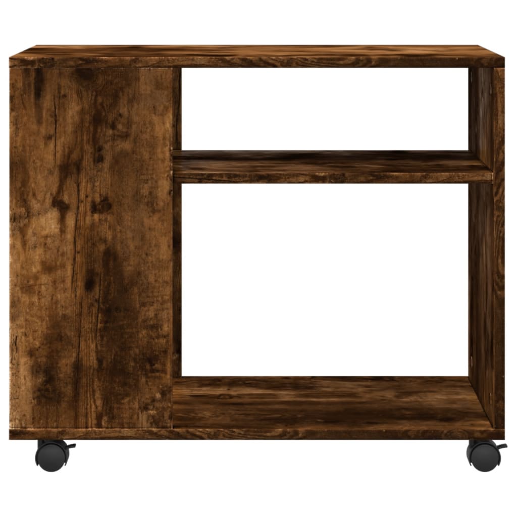 füstös tölgy színű szerelt fa kisasztal kerekekkel 70x35x60 cm