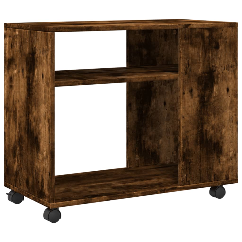 füstös tölgy színű szerelt fa kisasztal kerekekkel 70x35x60 cm