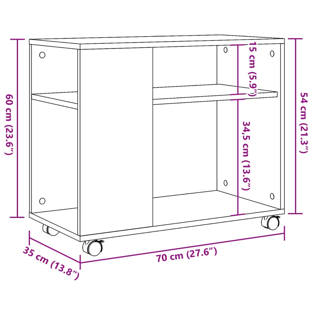 füstös tölgy színű szerelt fa kisasztal kerekekkel 70x35x60 cm