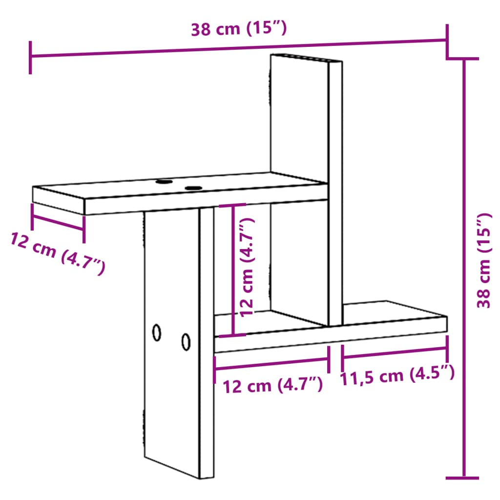 2 db fekete szerelt fa fali polc 38 x 12 x 38 cm