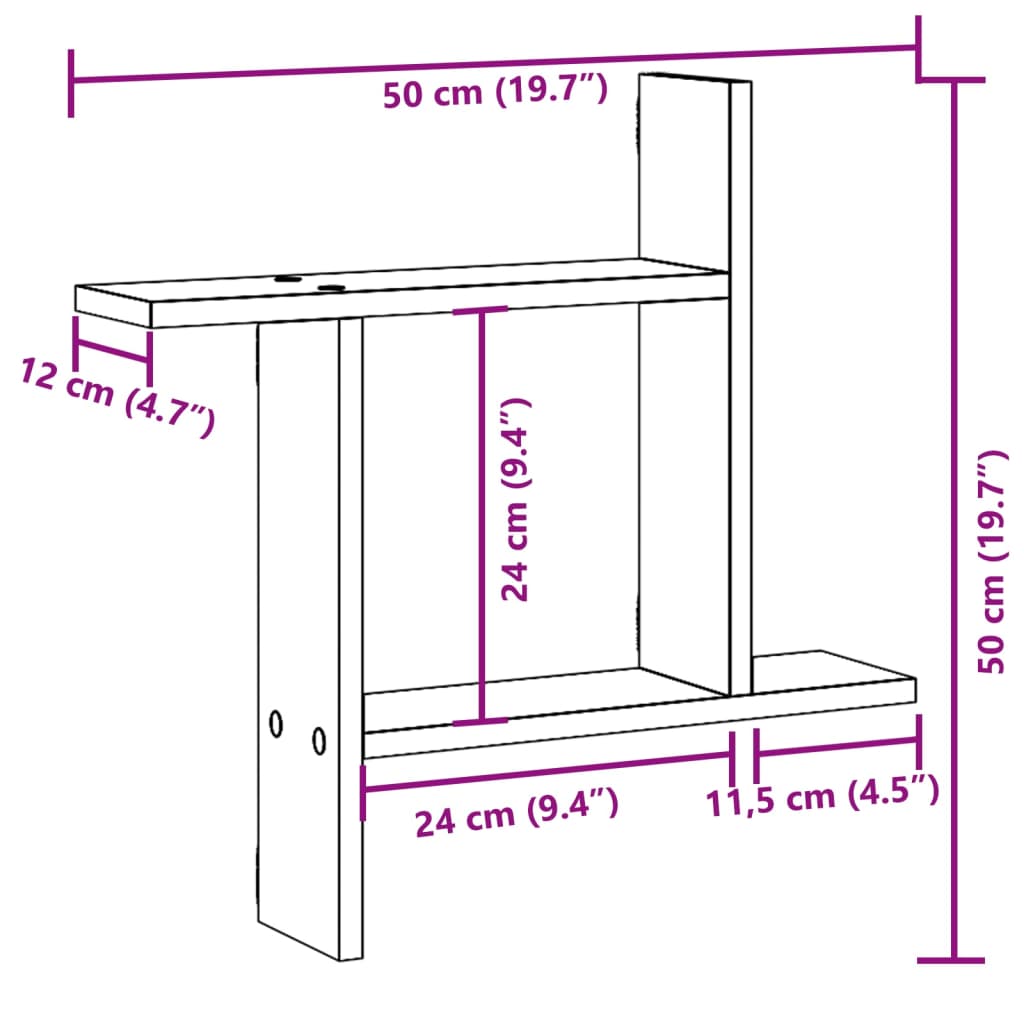 2 db szürke sonoma színű szerelt fa fali polc 50 x 12 x 50 cm