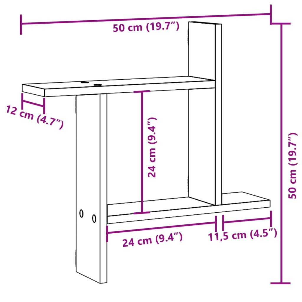 2 db kézműves tölgy színű szerelt fa fali polc 50 x 12 x 50 cm