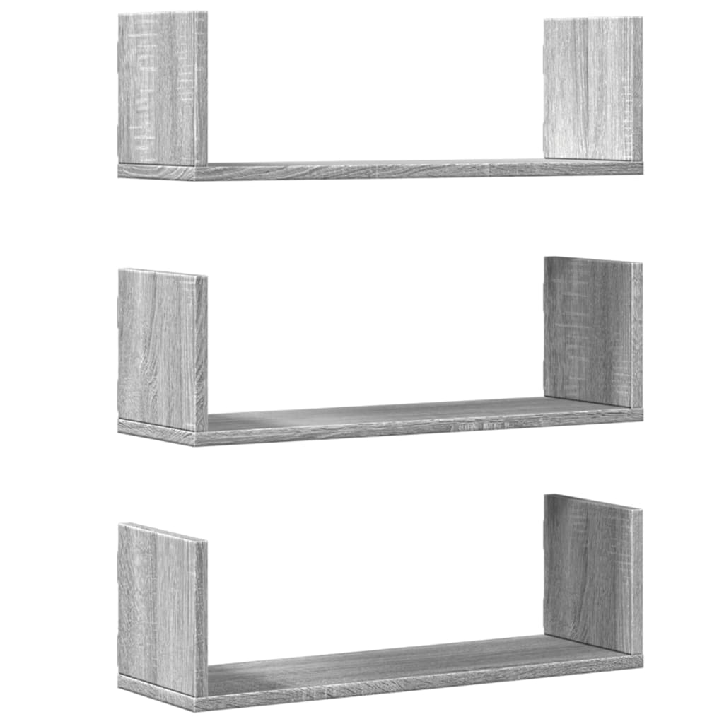 3 db szürke sonoma színű szerelt fa fali polc 58 x 18 x 18 cm