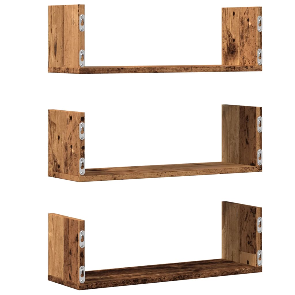 3 db antik fa színű szerelt fa fali polc 58 x 18 x 18 cm
