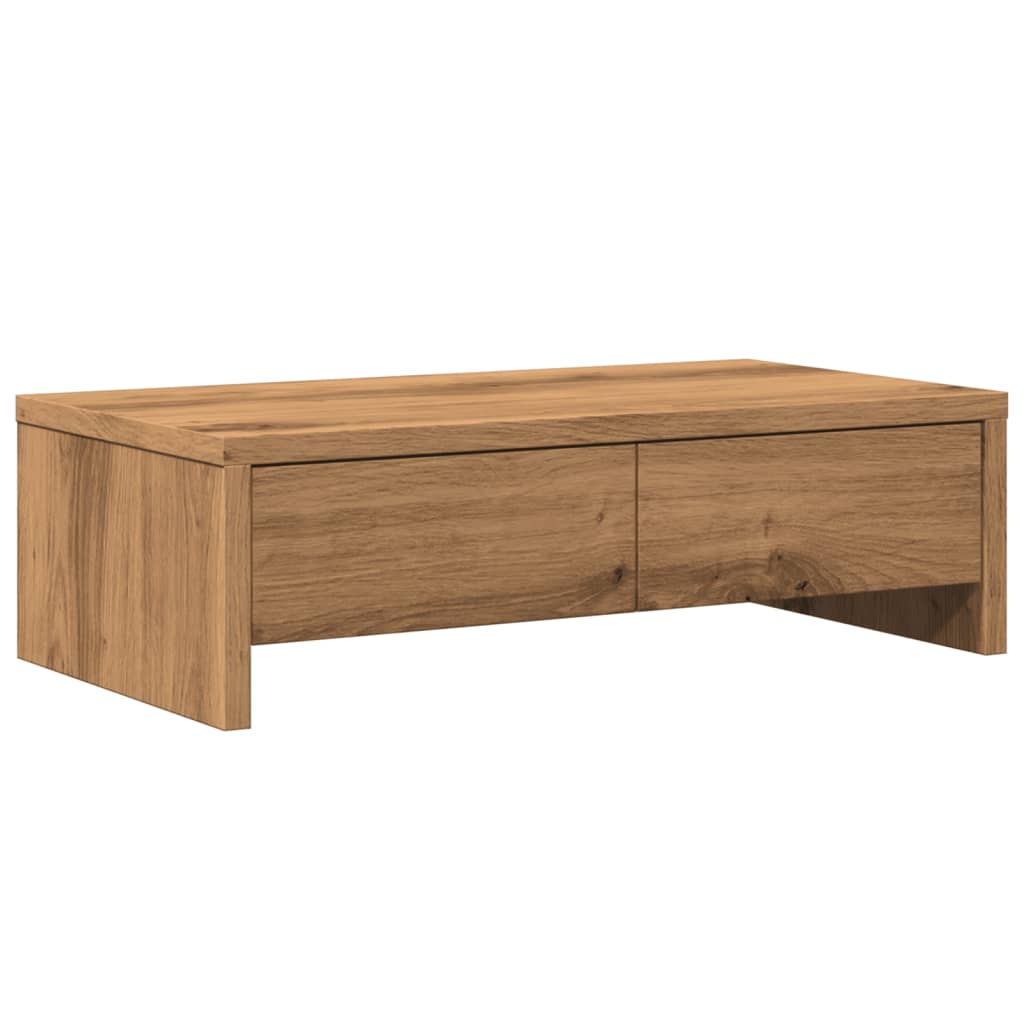 kézműves tölgy szerelt fa monitorállvány fiókokkal 50x27x15 cm