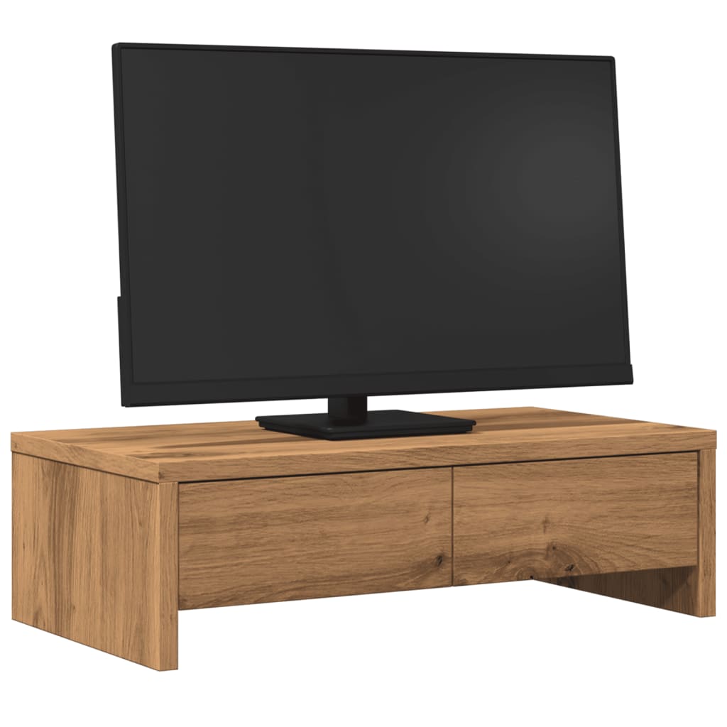 kézműves tölgy szerelt fa monitorállvány fiókokkal 50x27x15 cm