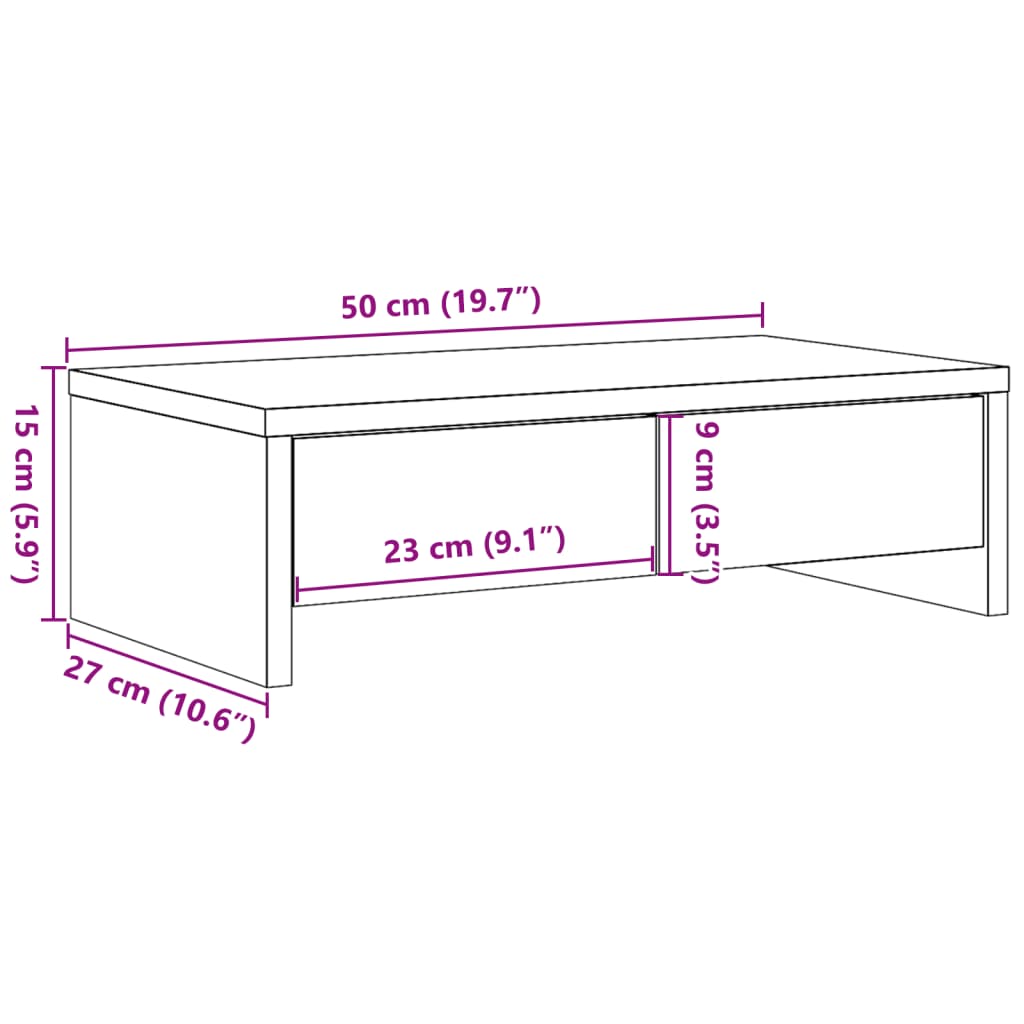 kézműves tölgy szerelt fa monitorállvány fiókokkal 50x27x15 cm