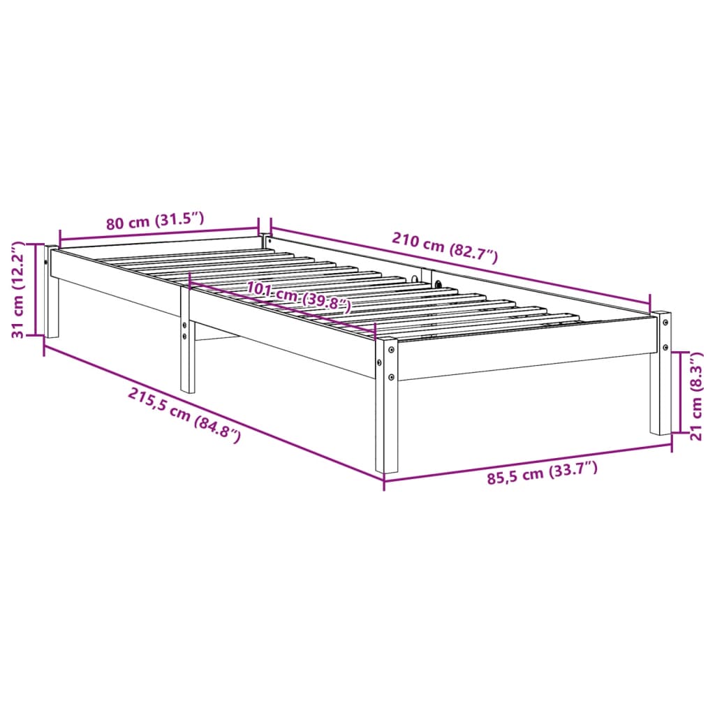 tömör fenyőfa extra hosszú ágykeret matrac nélkül 80 x 210 cm