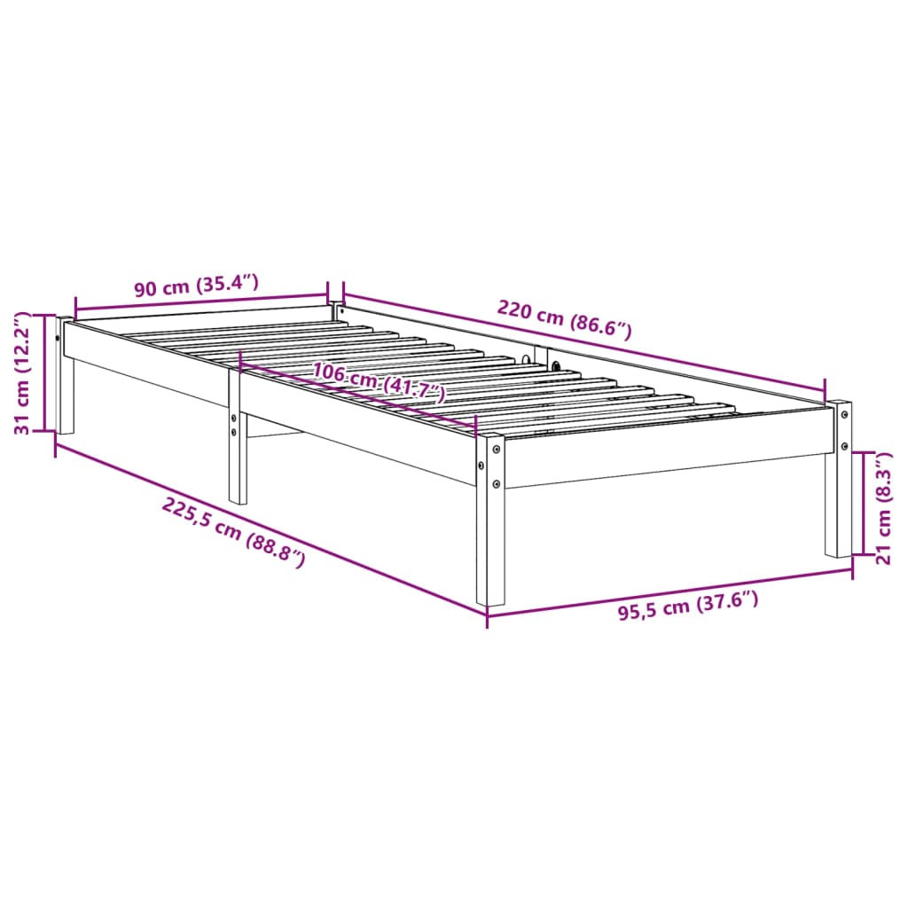 tömör fenyőfa extra hosszú ágykeret matrac nélkül 90 x 220 cm