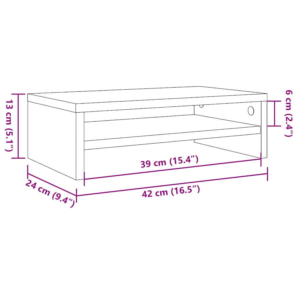 Kézműves tölgy színű szerelt fa monitorállvány 42x24x13 cm