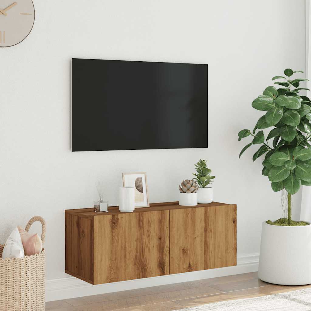 kézműves tölgy színű szerelt fa fali TV-szekrény 80x30x30 cm
