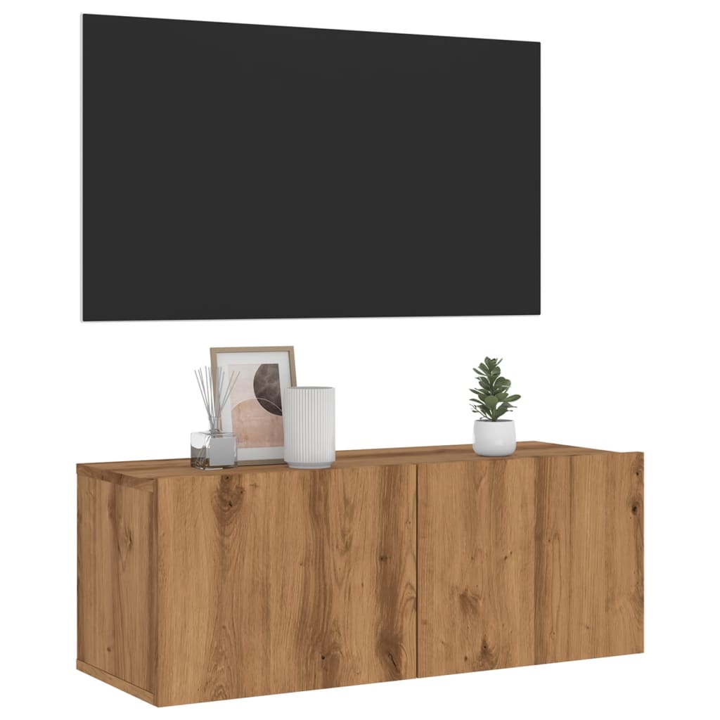 kézműves tölgy színű szerelt fa fali TV-szekrény 80x30x30 cm