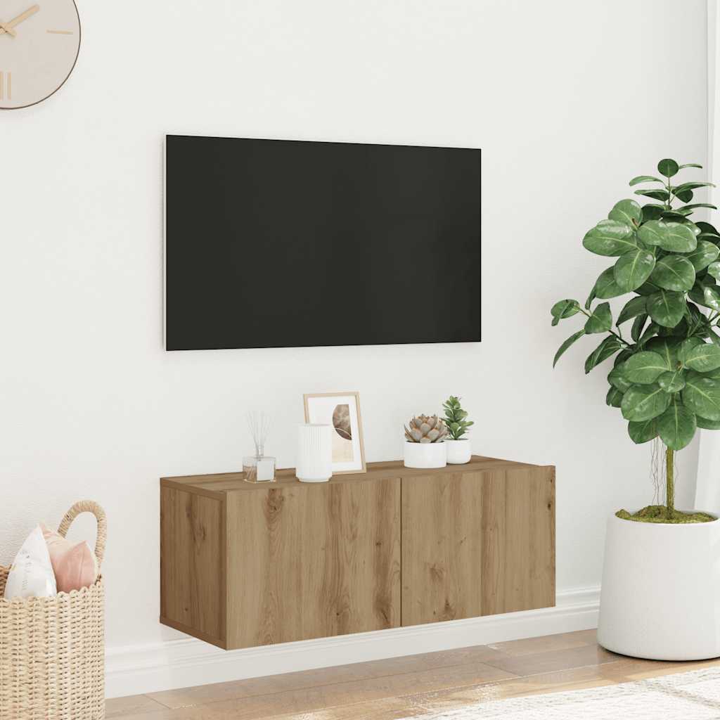 kézműves tölgy színű szerelt fa fali TV-szekrény 80x30x30 cm