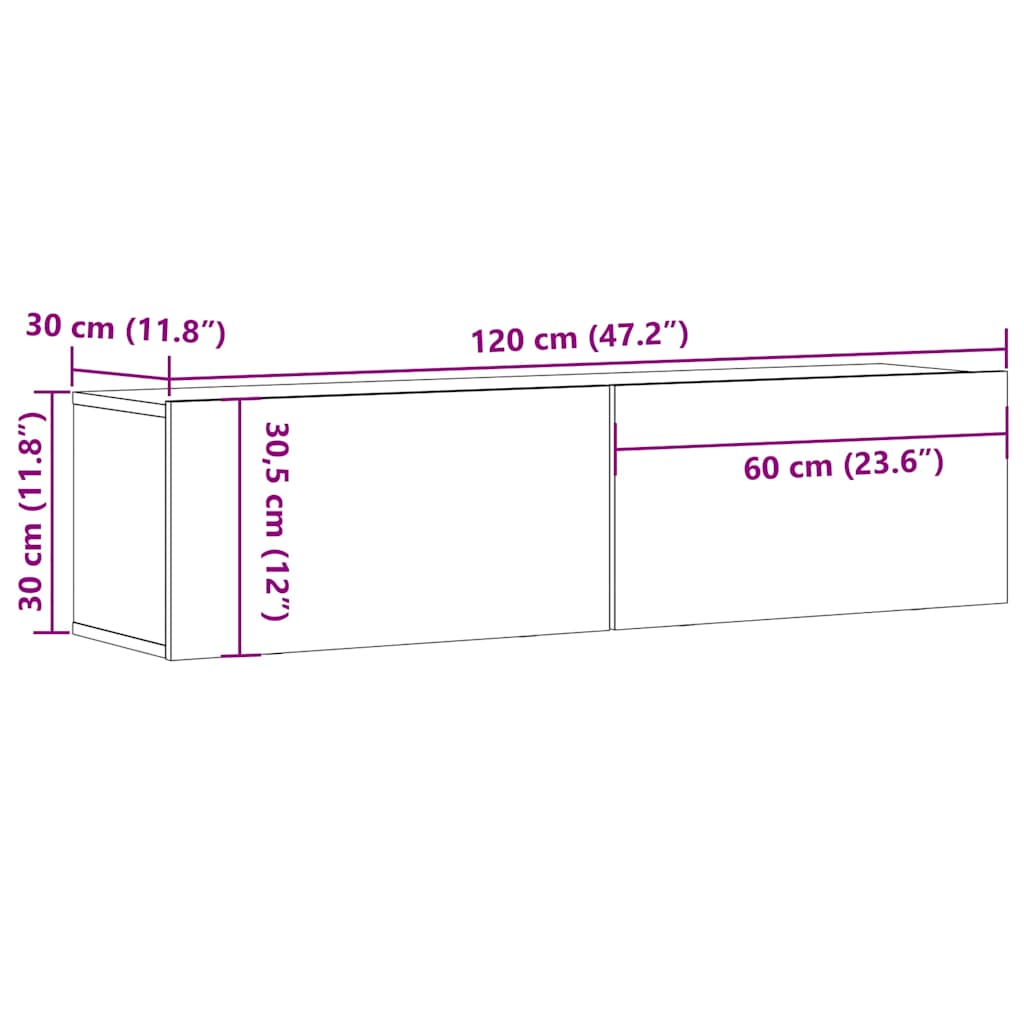 antik fa színű szerelt fa fali TV-szekrény 120 x 30 x 30 cm