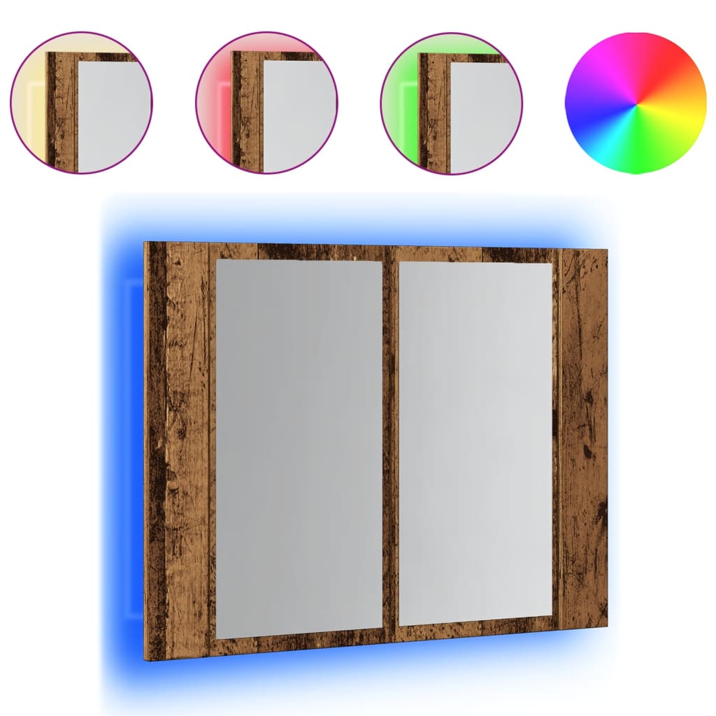 antik fa színű szerelt fa tükörszekrény LED-del 60x12x45cm